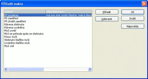 Priradené makro k inicializácii tlačidla