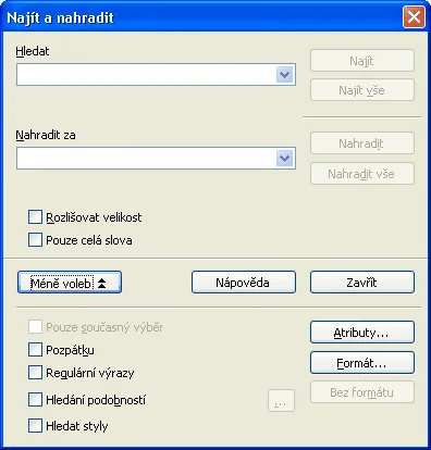 Okno nahradiť s rozšírenými možnosťami
