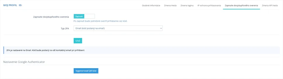 Zapnutie dvojstupňového overenia v profile