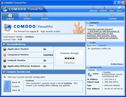 Pracovné rozhranie Comodo