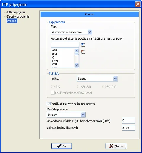 Nastavenie FTP pripojenia