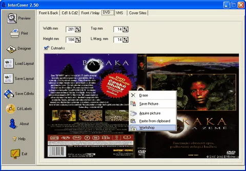 DVD obal kontextové menu