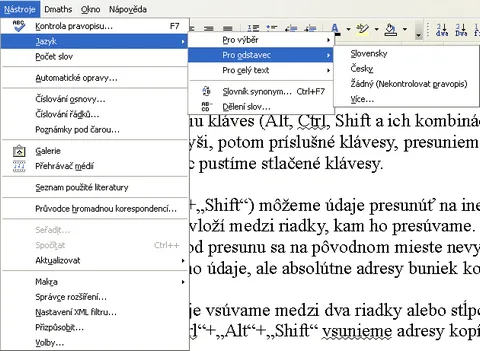 Možnosti zmenu jazyka textu