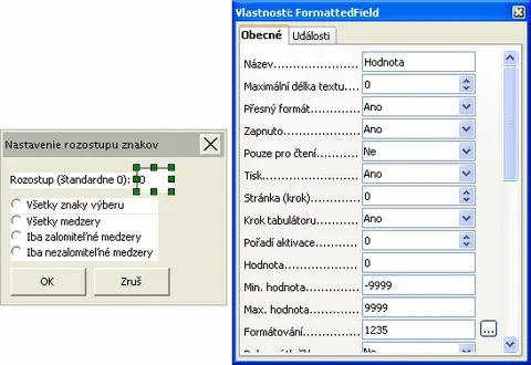 Dialóg pre odsadenie znakov - parametre vstupného čísla