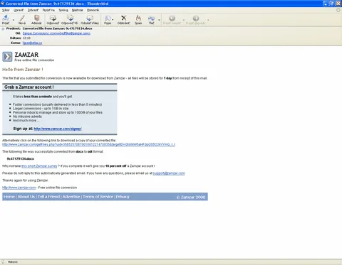 Mail z informáciou, kde máme uložený prevedný súbor