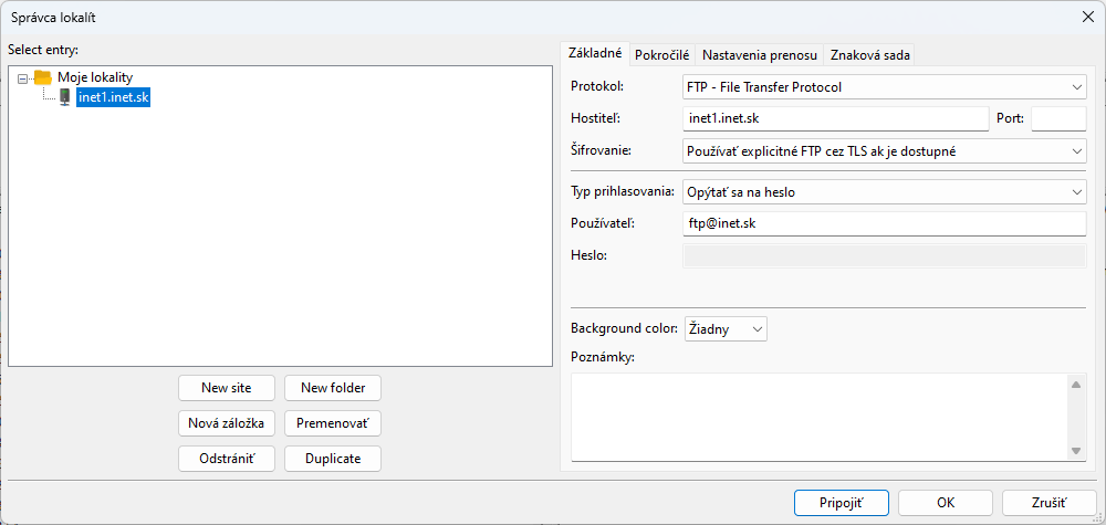 Nová lokalita vo FileZilla