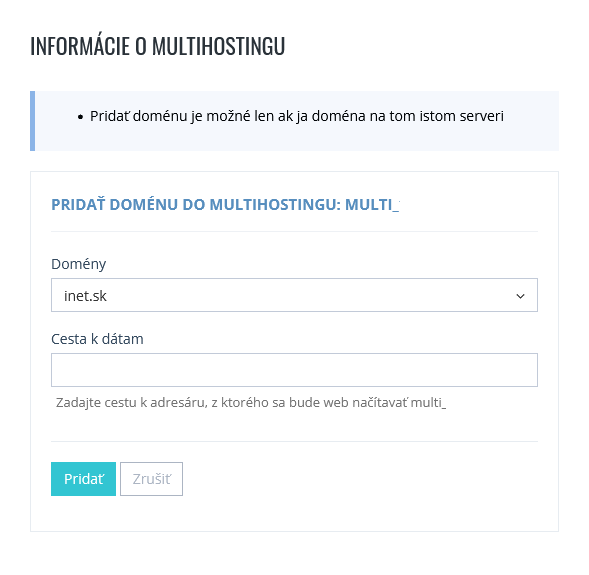 Formulár pre pridanie domény do multihostingu